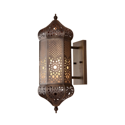 Metal Hollowed out Lantern Sconce Turkish 1 Bulb Living Room Wall Mounted Light in Brass