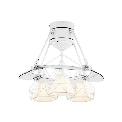 Nordic 3/6 Heads Semi Flush Mount Lamp White Diamond/Cone/Ball 4-Blade Hanging Fan Lighting with Metal Shade, 48