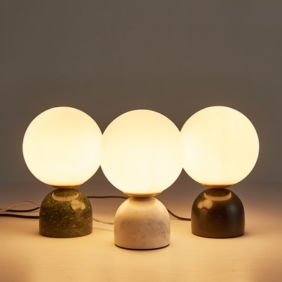 Orb Shaped Mini Night Light Designer Opal Glass 1-Light Bedside Table Lamp with Black/Green/White Marble Base