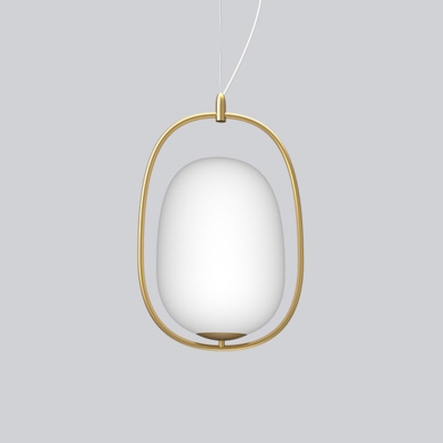 Oval Ceiling Hanging Lantern Post-Modern White Glass Single Restaurant Pendant Lighting with Gold Frame, Warm/White/3 Color Light