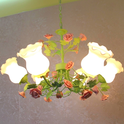 Pastoral Bloom Pendant Ceiling Light 6-Head Opaline Glass Chandelier with Pink Rose and Leaf Decor in Green
