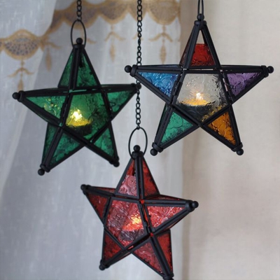Red/Blue/Clear Textured Glass Star Pendant Moroccan 1 Light Bedroom Pendulum Light in Black