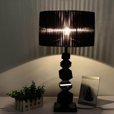 Rock Stone Night Lamp Modern Black Crystal 1 Light Bedside Table Light with Drum Pleated Fabric Shade, 12