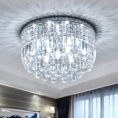 Round Flush Mount Ceiling Light Modernist Crystal Strand 9 Lights Bedroom Flushmount in Silver