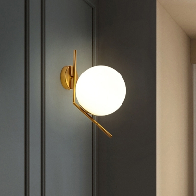 Simple Ball Wall Mount Light Frosted White Glass 1 Bulb Foyer Wall Lamp with Gooseneck/Angled Arm/Pull Chain in Gold