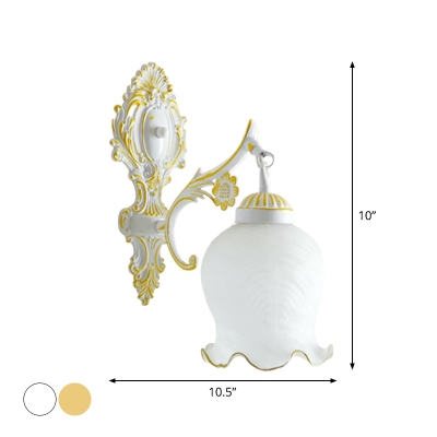 Single-Bulb Frosted Glass Wall Light Traditional White/Bronze Lettuce-Trimmed Bell Foyer Wall Mount Lamp