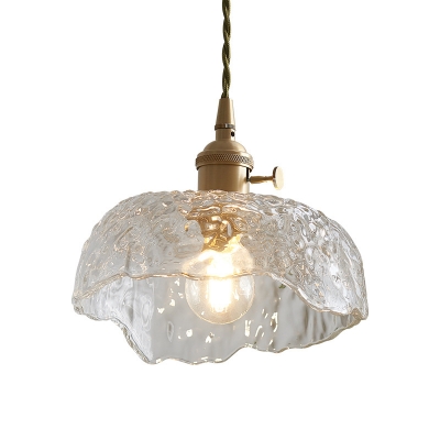 Untrimmed-Rim Bowl Hanging Light Postmodern Clear Hammered Glass 1 Head Dining Room Ceiling Pendant in Brass