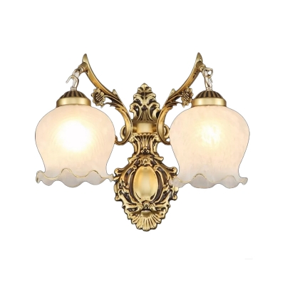 White/Bronze 2 Bulbs Wall Lamp Traditional Opal Frosted Glass Bud Shaped Wall Mount Light with Ruffle Trim