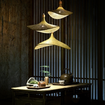Wide-Brimmed Shade Tearoom Hanging Light Bamboo 1/3-Light Asia Ceiling Pendant in Beige, 12.5