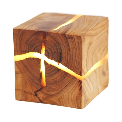 Wooden Crackle Design Cube Wall Sconce Simple Beige LED Mini Flush Mount Wall Light for Bedroom