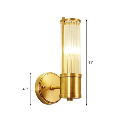 1/2-Light Fluted Crystal Wall Lamp Antiqued Brass Tubular Bedroom Wall Light Sconce