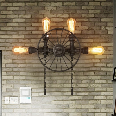 1/4/5-Light Wheel Wall Lighting Industrial Black Iron Wall Lamp Fixture with Chain Drop