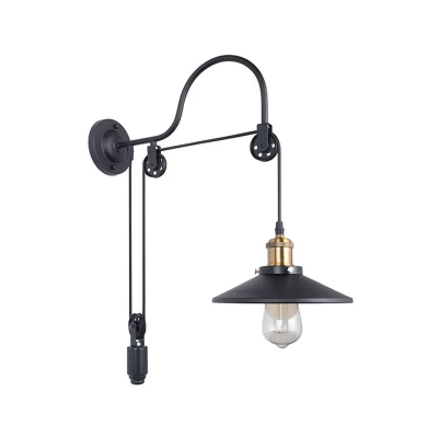1 Bulb Pulley Wall Mount Lamp Industrial Bedroom Wall Lighting with Conical Metal Shade in Black