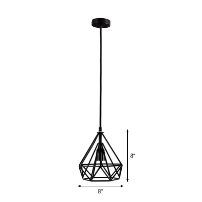 1 Light Suspension Lighting Loft Style Restaurant Hanging Pendant with Diamond Iron Cage in Black