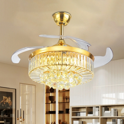 4-Blade Gold Round Pendant Fan Lighting Modern Crystal LED Semi Flush Ceiling Light Fixture, 19