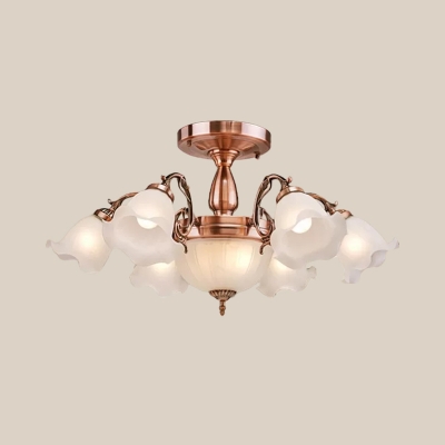 8 Lights Semi Flush Mount Chandelier Traditional Frosted Glass Ruffle Ceiling Light in Bronze/Copper