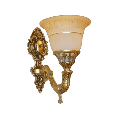 Brass 1-Bulb Wall Lamp Fixture Antique Frosted Glass Bell Wall Light for Guest Room
