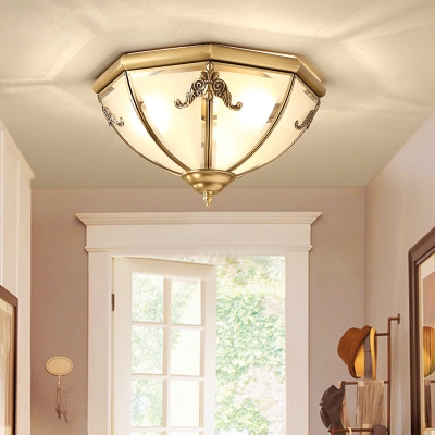 Colonial Style Bowl Flush Ceiling Light 3/4-Light Frosted White Glass Flush-Mount Light Fixture in Brass, 14