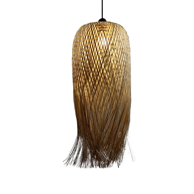 Criss Cross-Woven Rattan Dome Pendant Rustic 1 Bulb Beige Ceiling Hanging Light with Fringe, 6