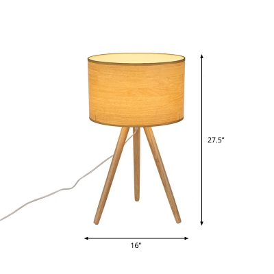 Cylindrical Night Stand Light Minimalist Fabric 1 Bulb Beige Table Lamp with Wooden Tri-Leg