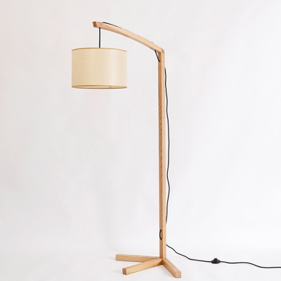 Dangling Drum Shade Floor Light Minimalist Fabric 1 Head Beige Stand Up Lamp with Oblique Arm and 3-Prong Stand