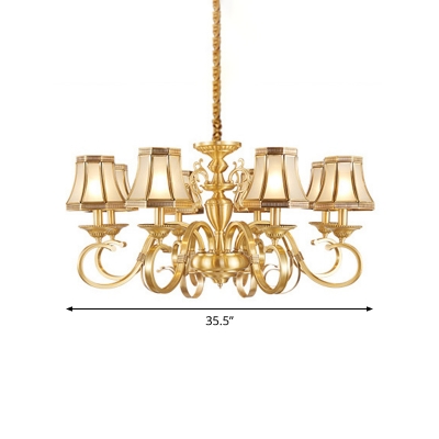 Flared Frosted Glass Chandelier Traditional 6/8/12 Heads Living Room Small/Medium/Large Pendant Light with Scroll Arm in Brass