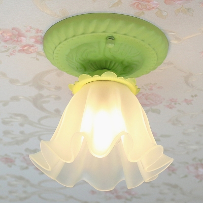 Flower Mini Corridor Flush Light Countryside Opaline Glass 1-Light Pink/White/Green Semi Flush Mount Ceiling Lamp