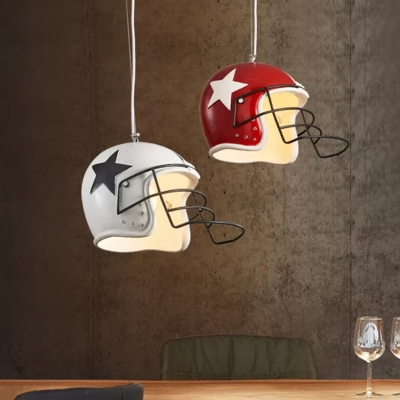 Football Helmet Beer Club Pendant Light Industrial Resin 1 Head White/Red Finish Hanging Lamp Kit