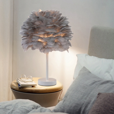 Grey/White/Pink Artichoke Night Light Contemporary 1 Head Feather Table Lamp with Wood/Black/White Base