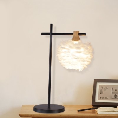 Hand-Weaving Feather Ball Table Lamp Nordic Single-Bulb Black and White Night Light with Right Angle Arm