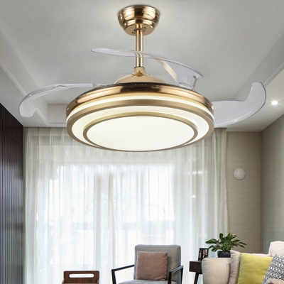 Living Room LED Pendant Fan Lamp Fixture Simple Gold 4 Blades Semi Flush Ceiling Light with Layered Acrylic Shade, 19