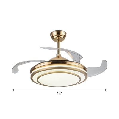 Living Room LED Pendant Fan Lamp Fixture Simple Gold 4 Blades Semi Flush Ceiling Light with Layered Acrylic Shade, 19