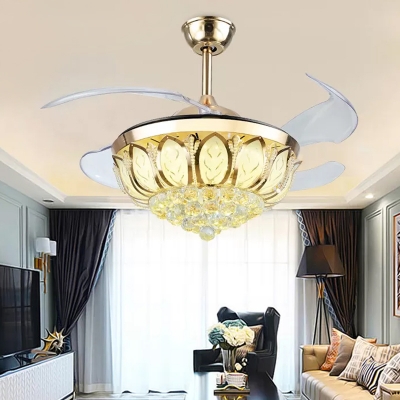 Luxurious Modern Lotus Ceiling Fan Lamp Crystal Orb Dining Room 4-Blade LED Semi Flush Light in Gold, 16