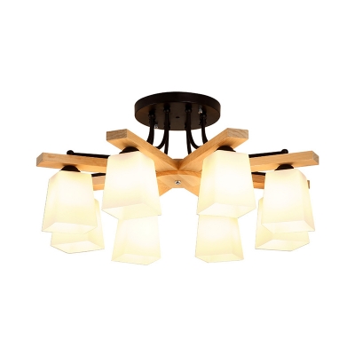 Modern 3/6/8-Bulb Flush Chandelier Black and Wood Radial Semi Mount Lighting with Trapezoid Opal Glass Shade