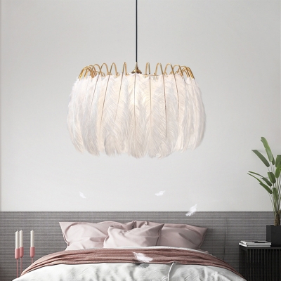 Nordic 1 Light Suspension Pendant White Drum Ceiling Hang Lamp with Feather Shade