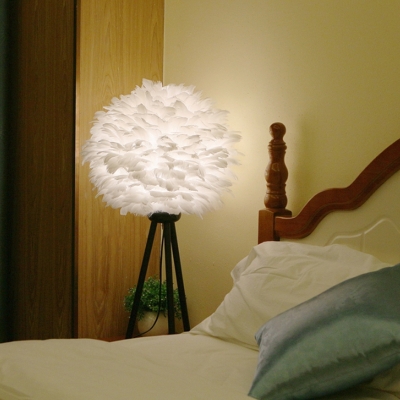 Spherical Bedside Table Lamp Feather Single Nordic Style Night Light in White/Red/Pink with Black/White Tripod