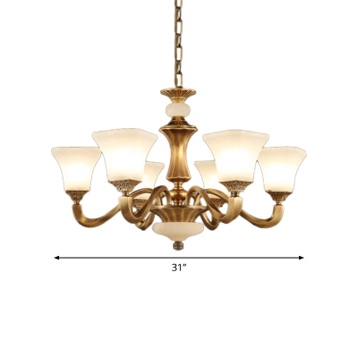 Squared Bell Bedroom Chandelier Vintage Opaline Frosted Glass 3/6 Bulbs Brass Hanging Lamp