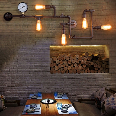 Water Pipe Iron Wall Light Kit Warehouse 5-Light Restaurant Sconce Lamp with Pressure Gauge Deco in Black/Brass/Rust