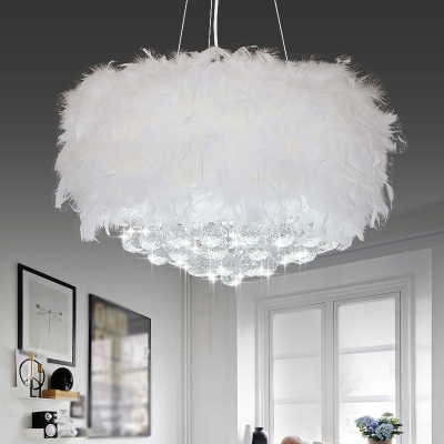 White Drum Chandelier Lamp Minimalist 3/9/11 Heads Feather Hanging Pendant Light with Beveled Cut Crystal Orb, 16