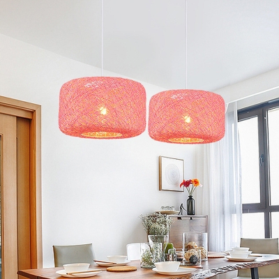 Woven Drum Shaped Pendant Light Modern Rattan 1-Light Snack Bar Ceiling Hanging Lantern in Red/White/Pink