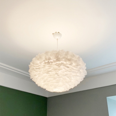 1-Light Bedroom Ceiling Hang Lamp Simple White Hanging Pendant with Dome Feather Shade