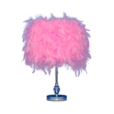 1 Light Bedroom Table Lamp Minimalist Red/Pink/Rose Red Night Stand Light with Drum Feather Shade