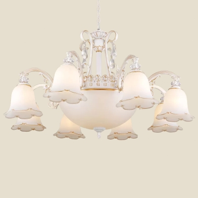 3/9/11-Light Up/Down Chandelier Traditional Scalloped Bell Frosted Glass Suspension Lighting in White