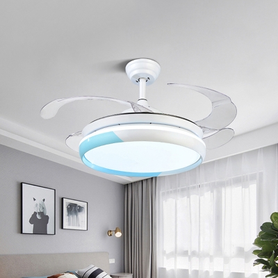 4-Blade Nordic Round Ceiling Fan Light Acrylic Living Room LED Semi Flush Mount Lamp in Black/Blue-White, 20