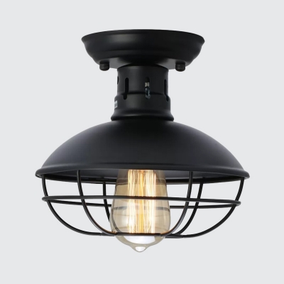Black Bowl Semi Mount Lighting Rustic Iron Single Dining Room Ceiling Flush Mount Light with Cage