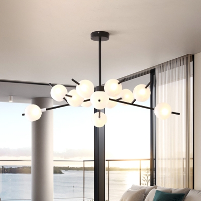 Black/Gold Branched Chandelier Light Modern Style 9/12 Heads Opal Ball Glass Hanging Pendant
