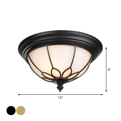 Black/Gold Dome Flushmount Vintage Frosted White Glass 6