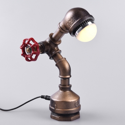 Brass Manlike Pipe Night Lighting Industrial Metal 1 Head Bedroom Table Lamp with Valve Switch, Warm/White Light