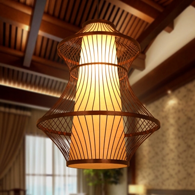 Brown Handmade Urn Shaped Pendant Rustic 1-Light Bamboo Ceiling Light with Inner Faux Parchment Shade, 16