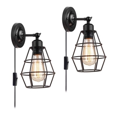 Diamond Cage Iron Wall Light Industrial 1 Head Dining Room Wall Mounted Lamp with/without Plug-in Cord in Black